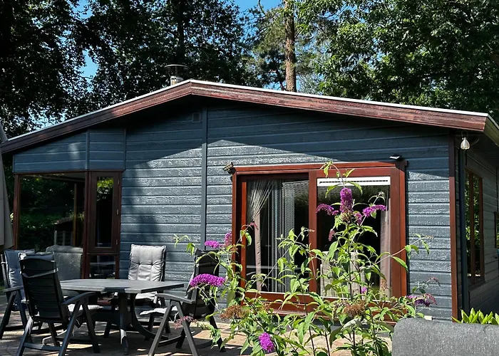 Dubbele chalet op recreatiepark Topparken op de Veluwe in Beekbergen met grote vrije tuin en eigen parkeerplaats